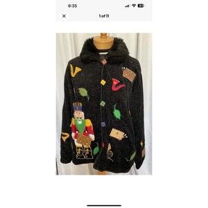 Ugly Christmas Cardigan Sweater Nutcrackers Wm’s XL Pushpa Black Embroidered VTG